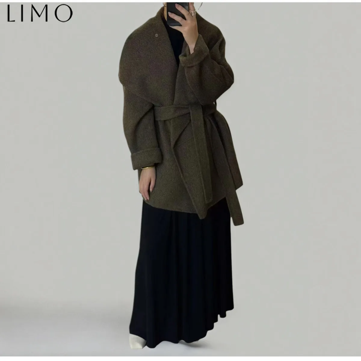 

LIMO 2025 Новое женское шерстяное хлопковое пальто с поясом на осень-зиму, уникальный дизайн ремня, удобная одежда для повседневного использования на выход