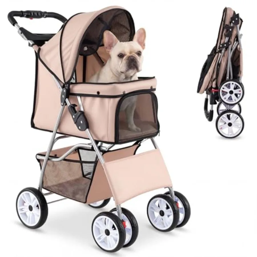 

Foldable pet stroller for small dogs and cats, beige polyester fabric, lightweight aluminum frame, lockable wheels, one-hand qu