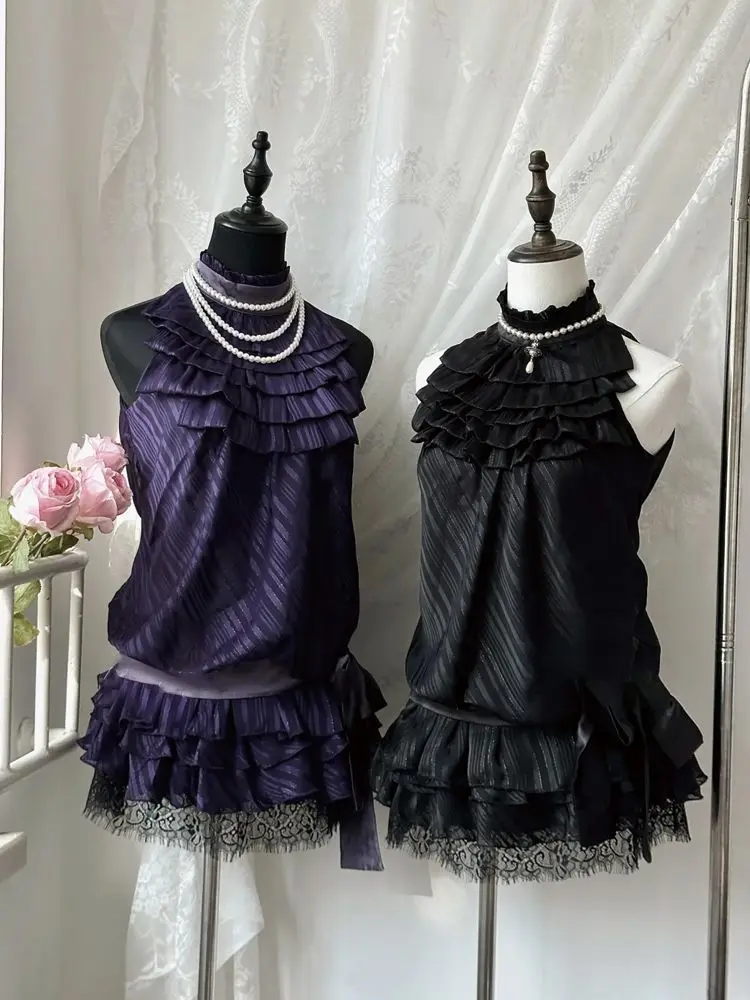 

Gothic Black 2 Piece Sets Women Chiffon Y2k Crop Tops + Mini Skirt Evening Party Clothing Subculture Elegant Vintage Suits 2000s