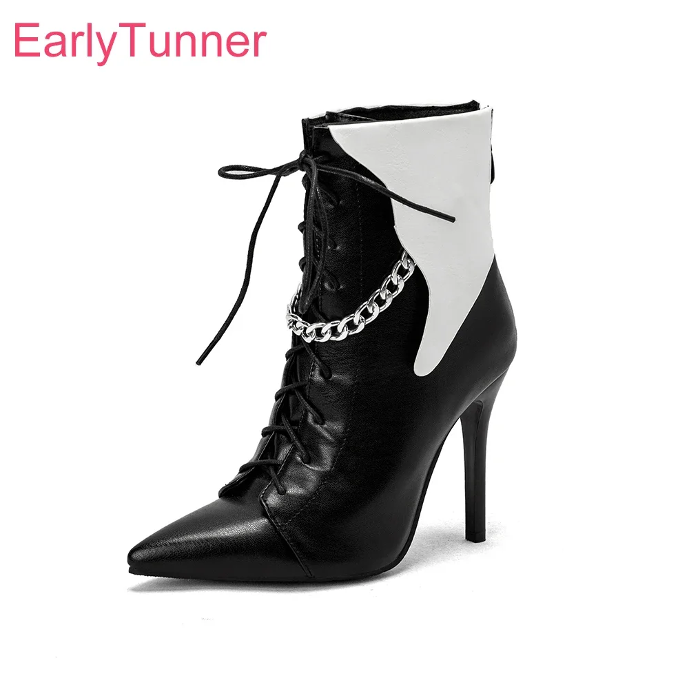 

Зимние удобные черно-белые женские ботильоны с острым носком на высоком каблуке-гладиаторе, женская обувь, большие размеры 12, 43 45, 48