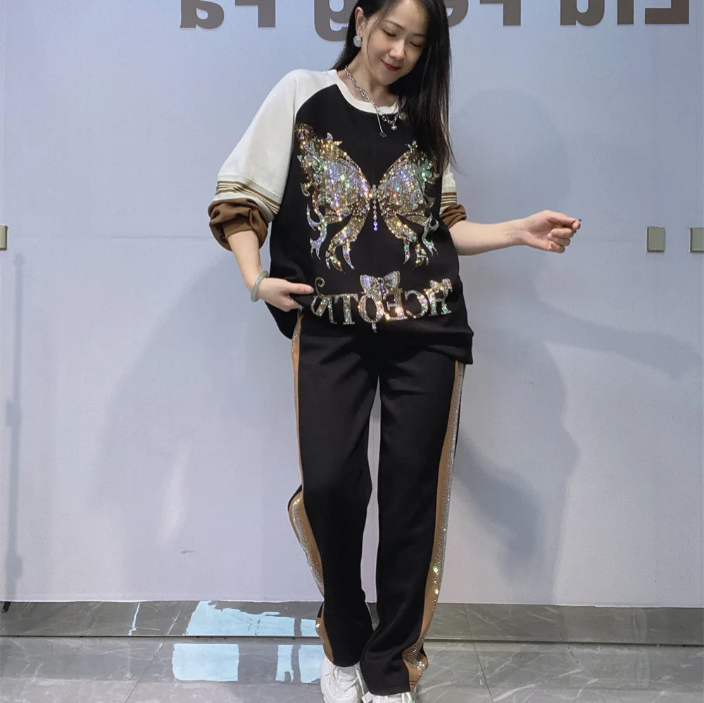 Trendy New Autumn Women Sports Sets Colorblock Hot Diamonds Space Cotton Long Sleeve Pullover Top + Elastic Waist Straight Pants