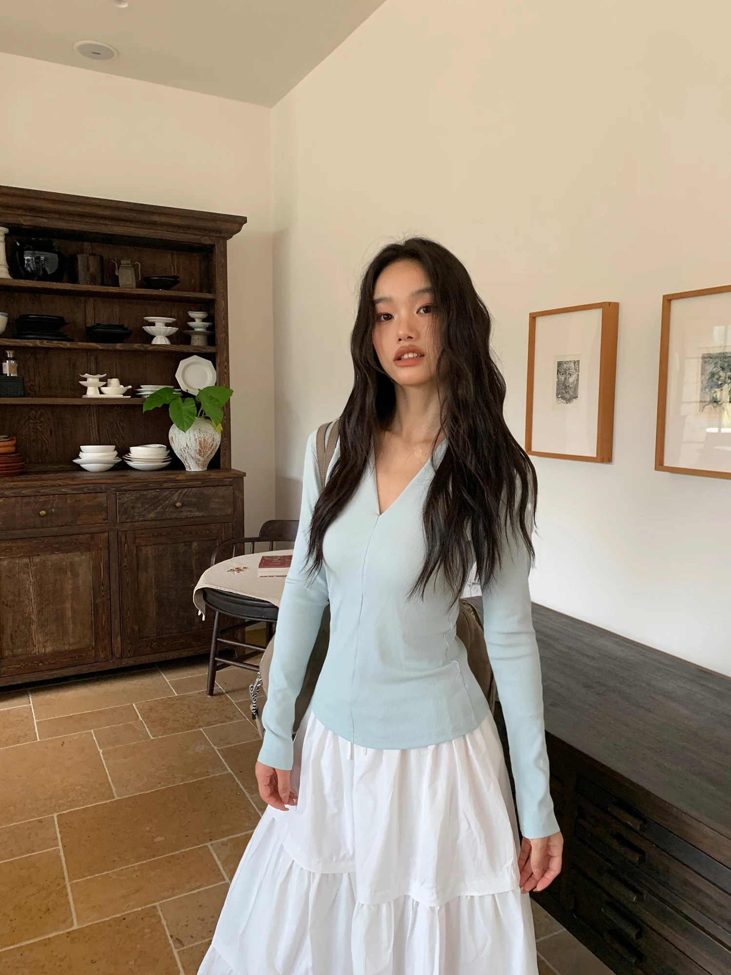 

Женская футболка-базовый слой Crsu Larsele Blue V-ne Long Sve, приталенная, для ранней весны, модная, повседневная, из смесового хлопка