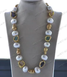 Z12456 22'' White Egg Shell Pearl Baroque Citrine Amethyst Aquamarine Necklace