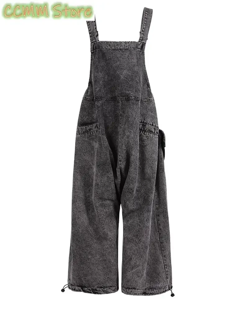 High Waist Blue Pocket Big Size Denim Overalls Trousers New Loose Fit Pants Women Fashion Tide Spring Autumn