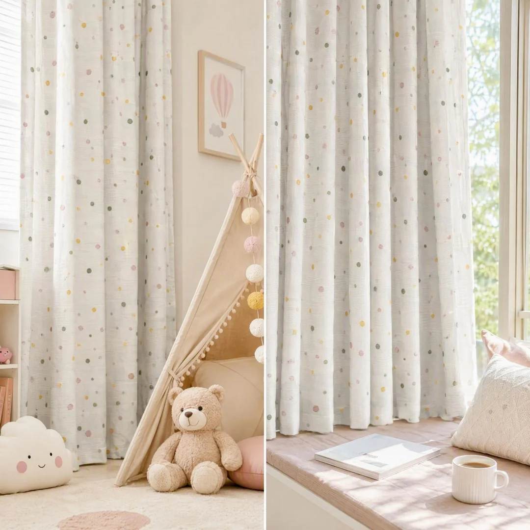 Linen Textured Curtains, Color Tufted Polka Dots Semi-Blackout Window Drapes for Kids Bedroom Living Room Home Decor