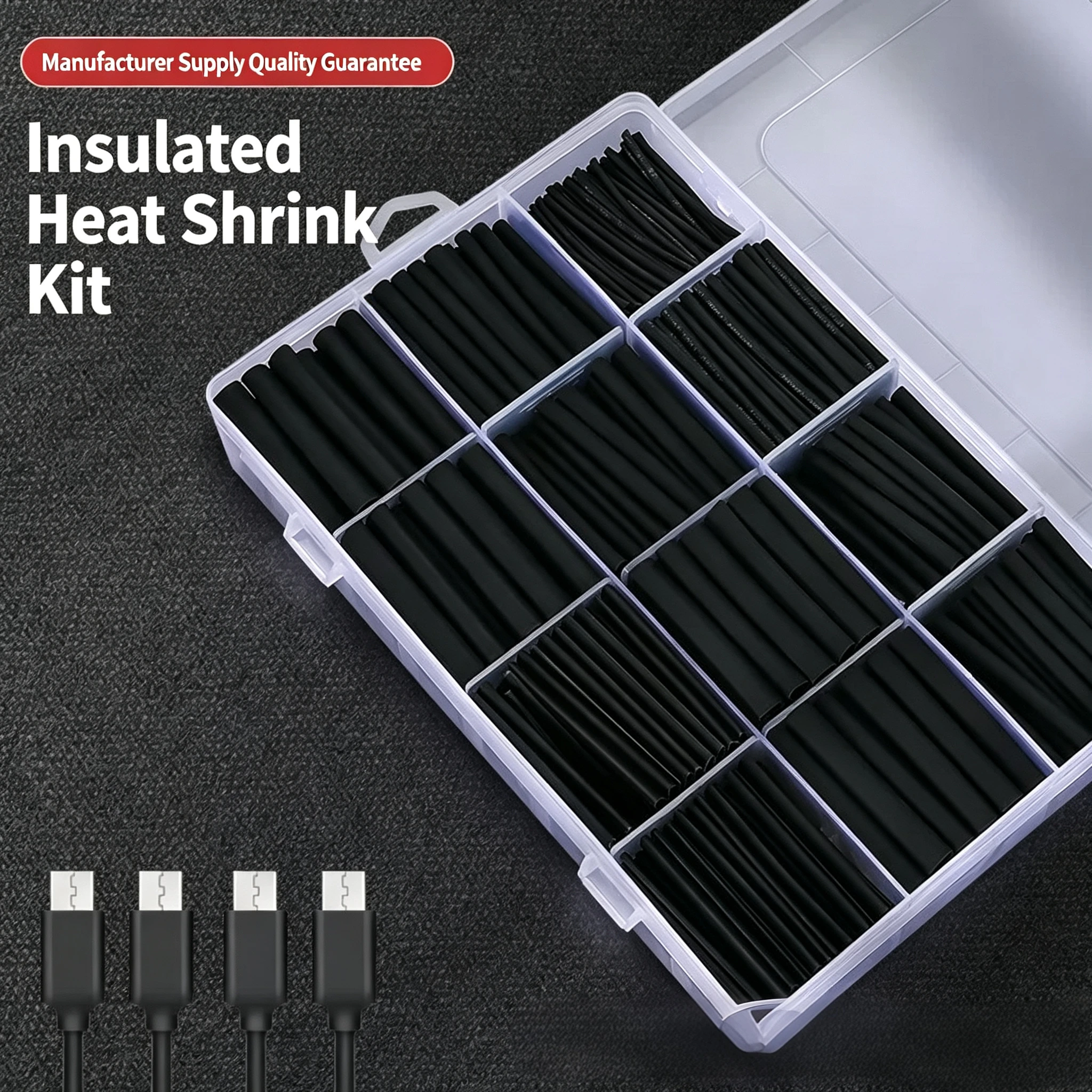 Black Heat Shrink Tube Assortment Thermoresistant Polyolefin Tubing for Wire Insulation Electrical Connection CarCable Protector