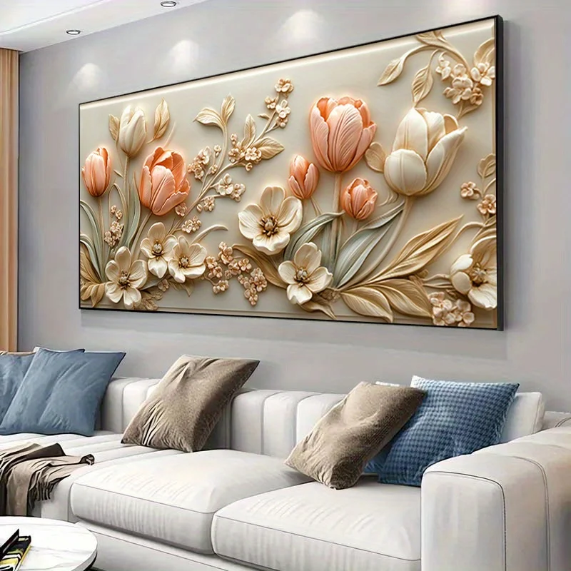 Large Size Unframed Modern Tulips and Flowers Canvas Wall Art Beige Floral Posters for Living Room Office Wall Decor