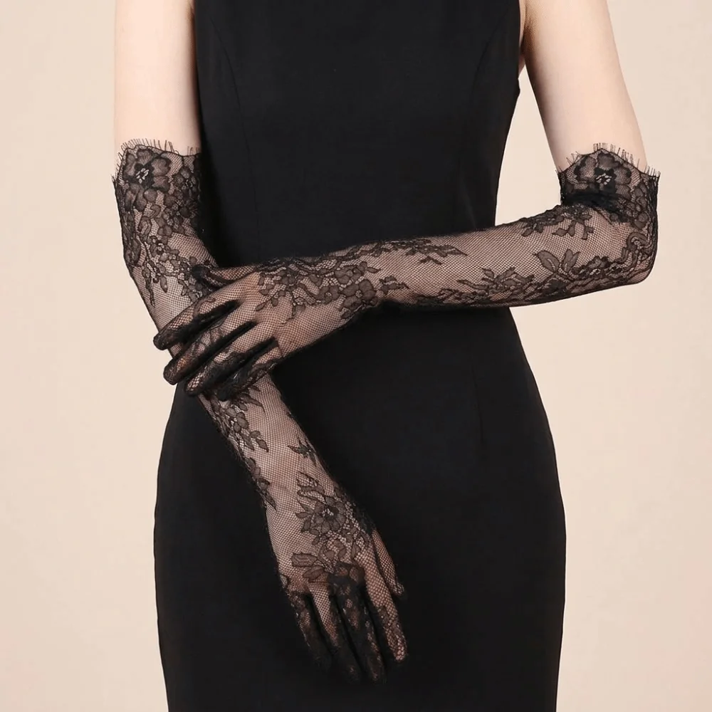 Romantic Solid Color Lace Gloves Transparent Thin Long Gloves Flower Long Bridal Gown Accessories Prom Dress