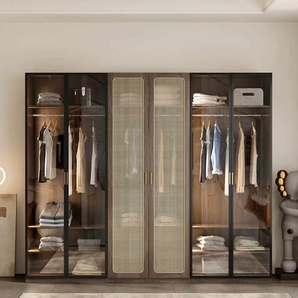 Solid Wood Household Light Luxury Bedroom Simple Modern Glass Door Combination Wardrobe