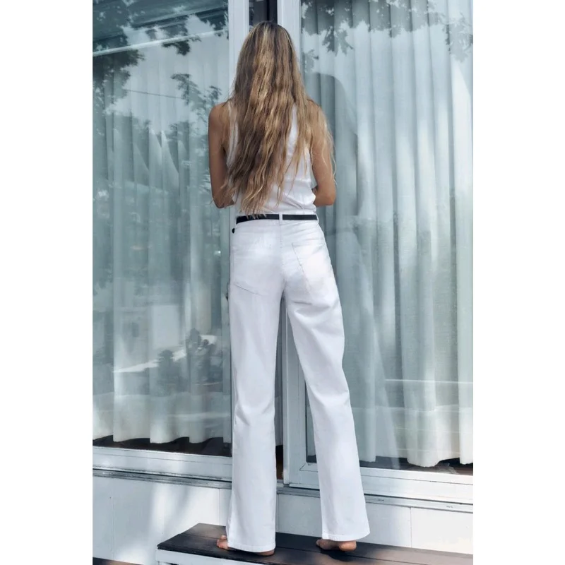 

Summer New Arrival Women's mat Sle Five ket Decorated White Cotton High Waist Straight Leg Denim Jeans 8895