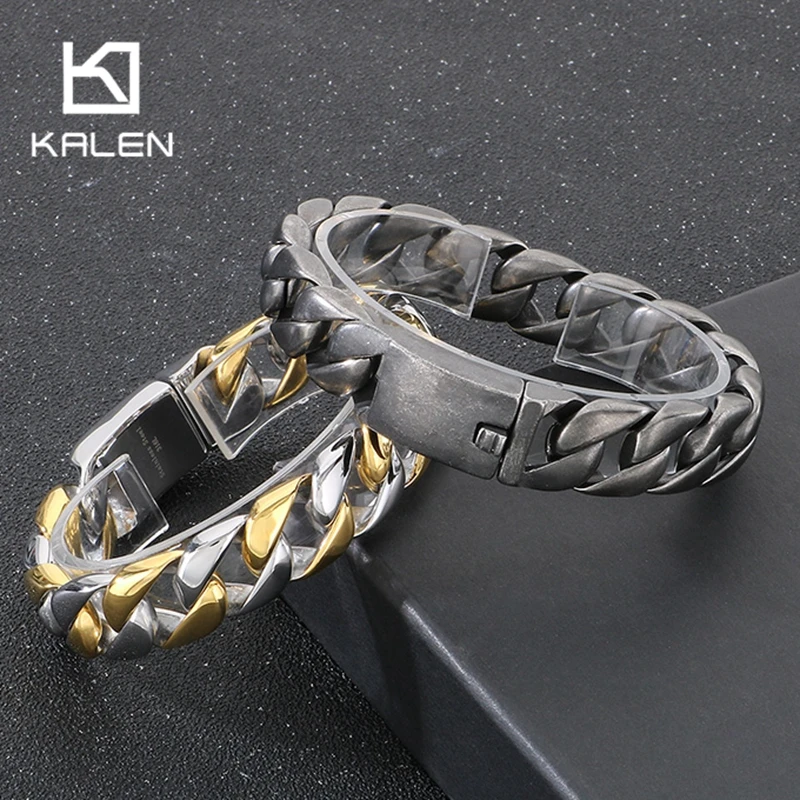 

Kalen 15mm Stainless Steel Cuban Chain Bracelet for Men Women Punk Polished Blue/Black/Gold Color Necklace Thick Trendy Jewelry