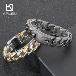 Kalen 15mm Stainless Steel Cuban Chain Bracelet for Men Women Punk Polished Blue/Black/Gold Color Necklace Thick Trendy Jewelry