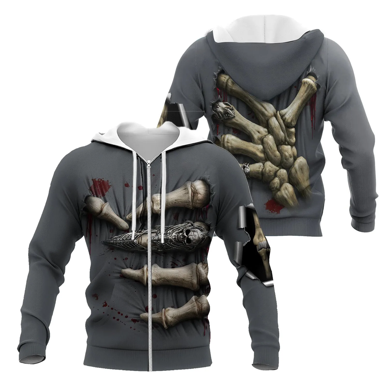 HX Deaths Hand Hoodies Fashion Mens bones of the dead 3D Printed Coats Pocket Zip Up Hoodie Casual Streetwear Men Clothing