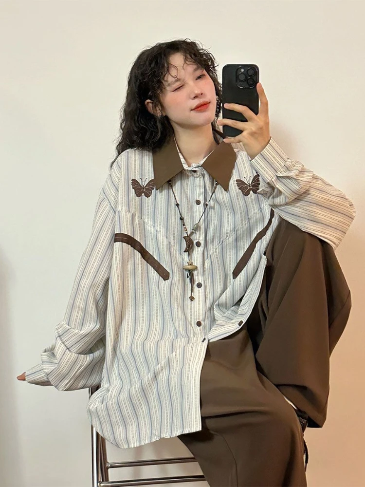 Japanse subcultuur zoete vlinderpatroon T-shirt gestreept lange mouw slanke knop splice nieuwe stijl zachte luie jas herfst