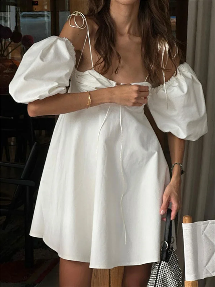 

Tossy White Lace-Up Backless Mini Dress Women Sexy Patchwork Pleated Slim Sexy Off-Shoulder Dress Female Summer Bodycon Dress