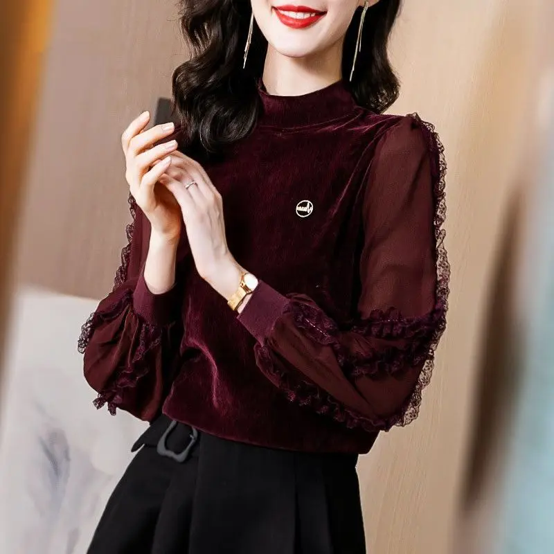 

Commute Solid Color Spliced Velvet Blouse Female Clothing Fashion Lace Folds Autumn Winter Casual Half High Collar Loose Shirt