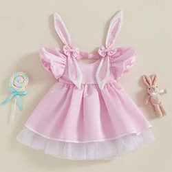 Tregren 1-5Y Kids Girls Easter Dress Cute Puff Sleeve Crew Neck Bow Bunny Ears Toddler Infant Summer A-Line Princess Dress
