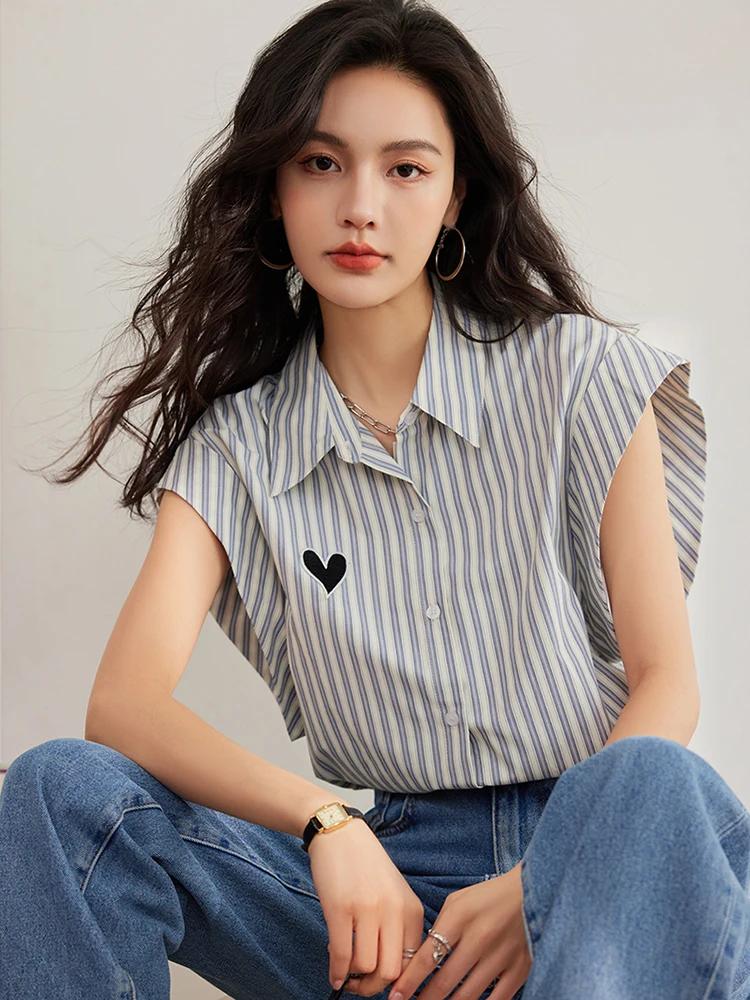 2024 New Fashion Striped Blouse Single-breasted Women Turn-down Collar Loose Casual Shirt Spring Summer