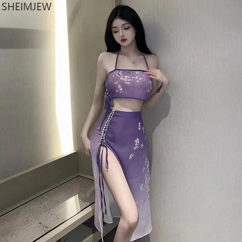 

Adult Ladies Sexy Printed Slim Long Cross Strap Hip Wrap Mesh Dress Suit Women's Purple See-through Slit Nightdress Long Skirt