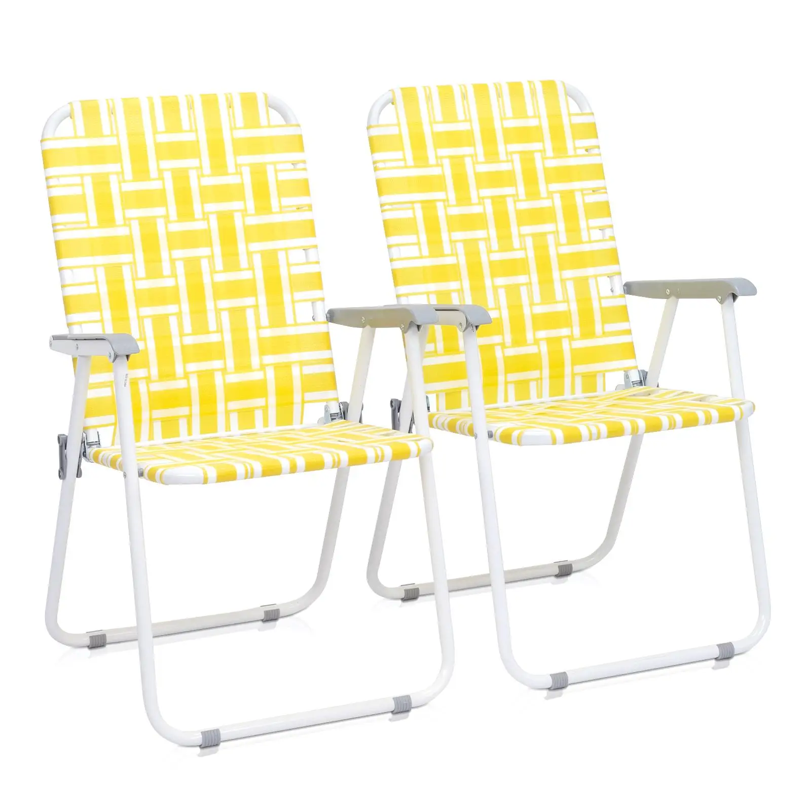 2pcs Steel Tube Folding Beach Chair with PP Webbing, 120kg Load, Yellow & White Stripes