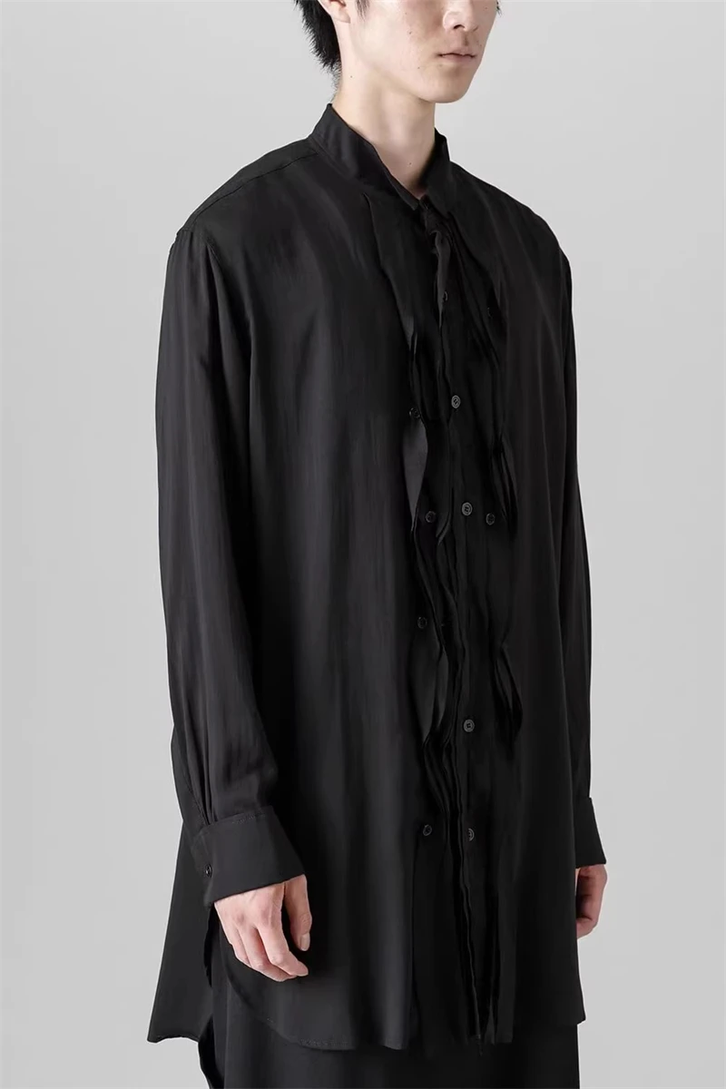 

Yamamoto-Style Shirt Retro Court Tuxedo Shirts Dress Ribbon Pleated Design Shirt Long Sleeves Chic Casual Loose Shirts TOP