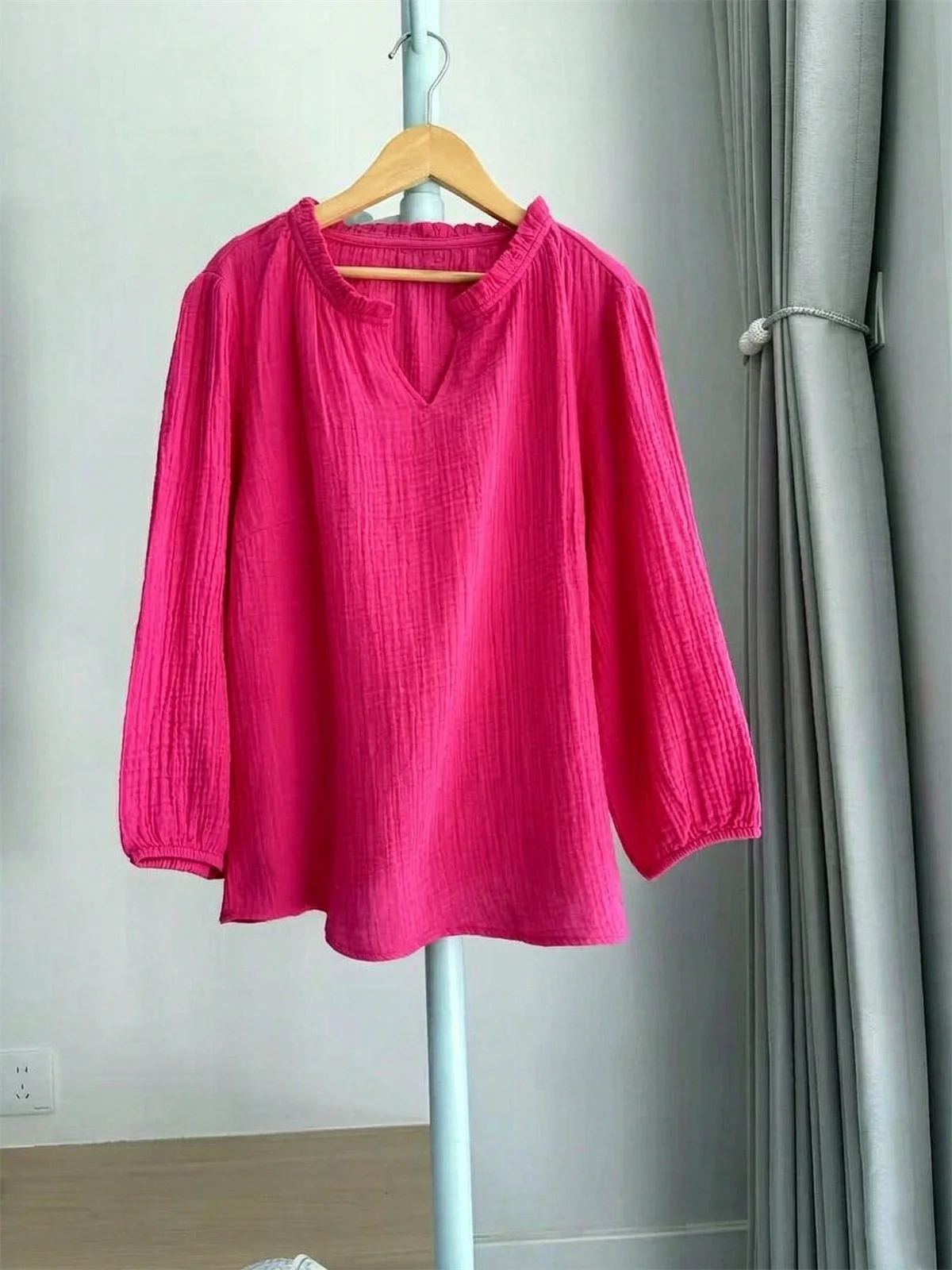 Spring Women's Simple Solid Color Long Sleeve T-shirts Plus Size Basic Commuting Shirts Loose Casual V-neck Cotton Linen Tops