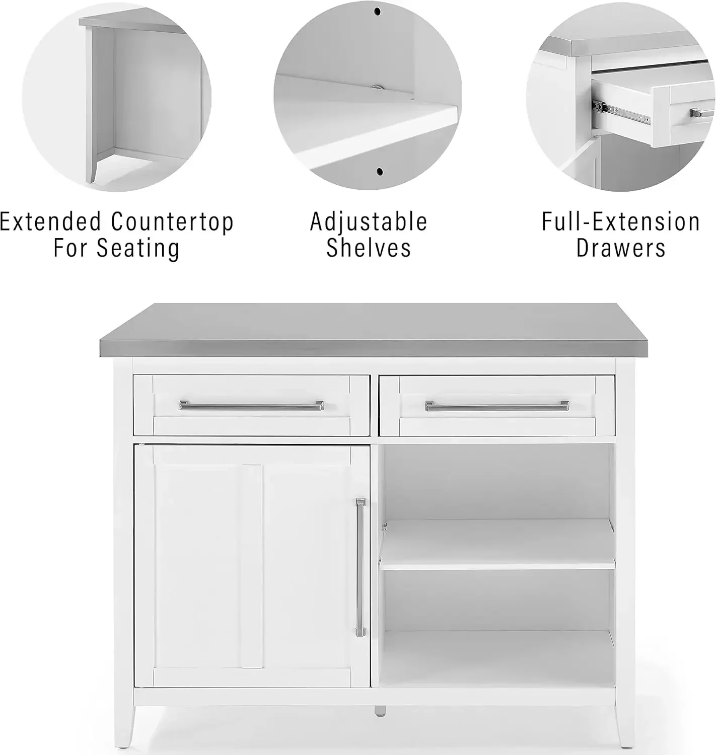 Crosley Furniture Silvia Kitchen Island con tapa de acero inoxidable y taburetes con respaldo en X, blanco/gris