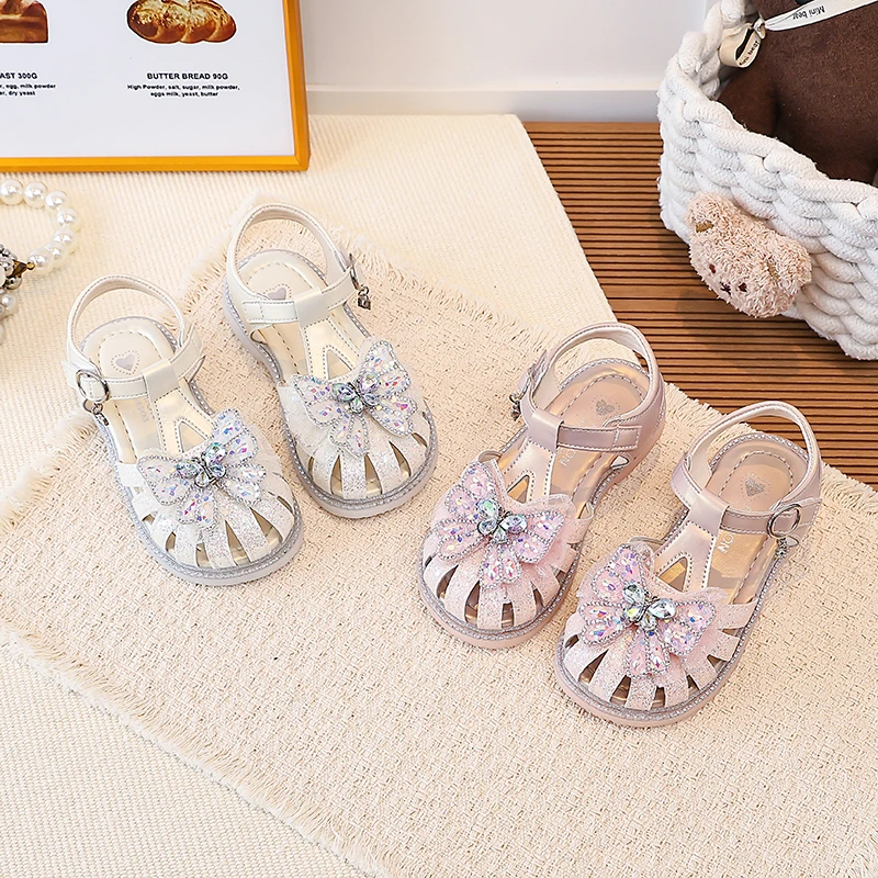 Girls Rhinestone Butterfly Princess Sandals Kids Glitter Buckle Strap Anti-collision Non-slip Soft Sole Summer Party Shoes