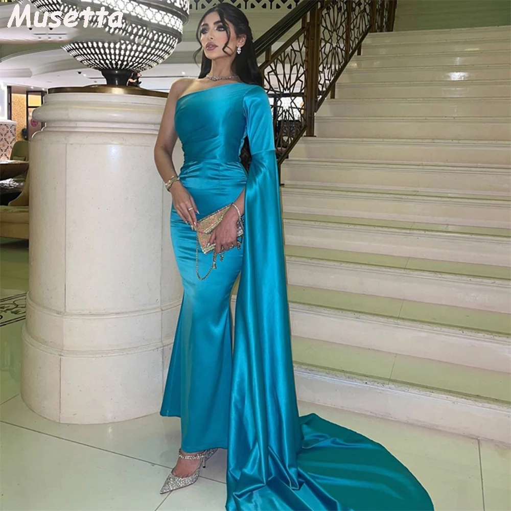 Musetta One Cape Sleeves Lake Blue Evening Dresses Dubai Elegant Mermaid Prom Dress Sexy Ankle Lenght Party Gowns Customized