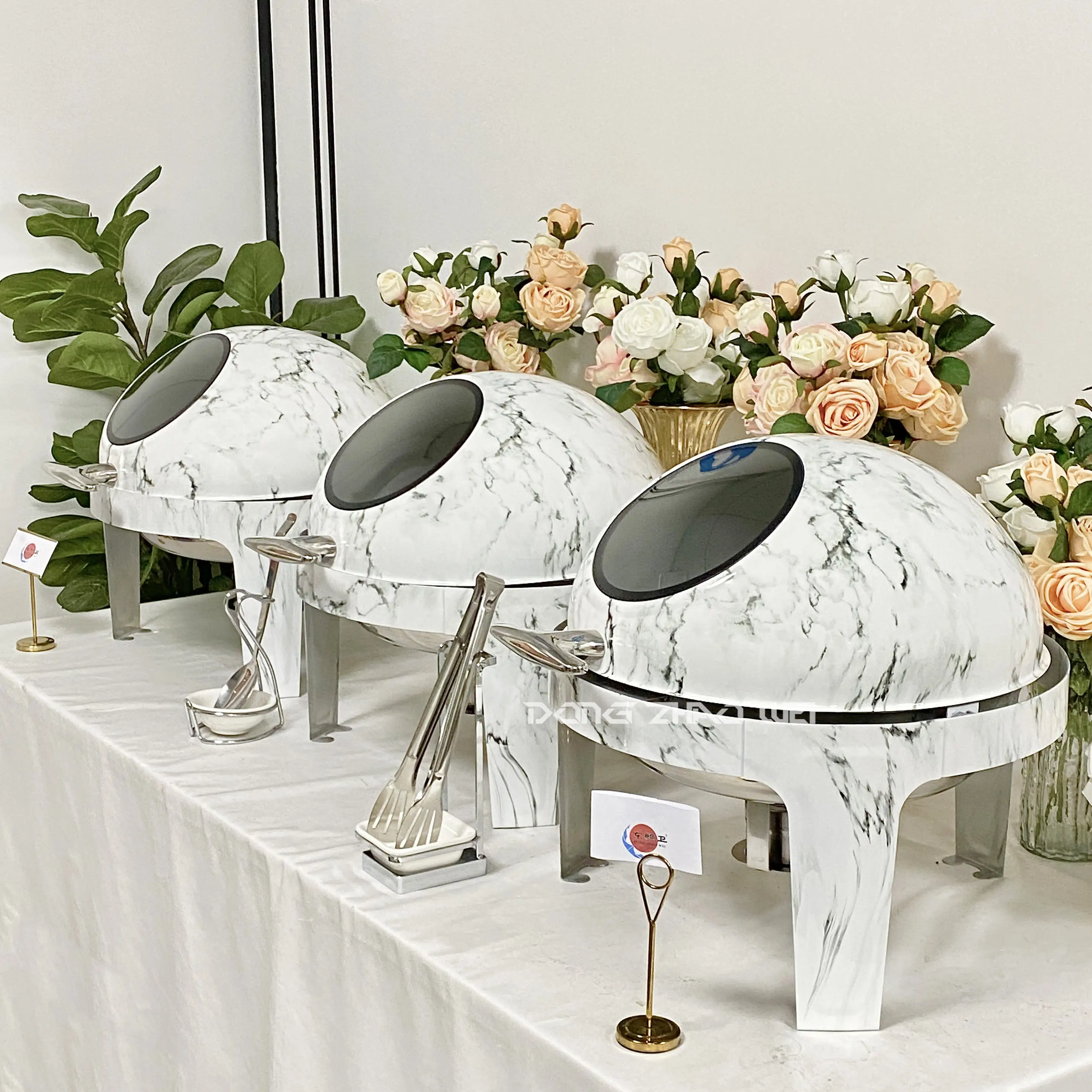 Modern stainless steel white buffet plate set, can accommodate 6L, with circular glass windows, suitable for weddings, hotels, r