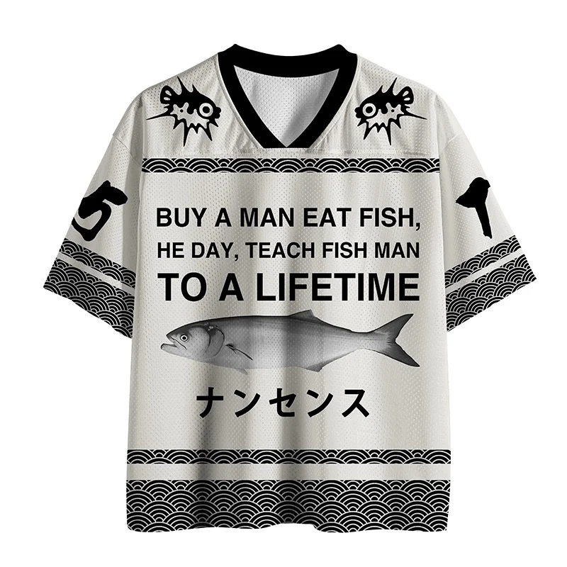 Fun Fish Men's T-shirt New Fashionable V-neck 3D Quick Drying Leisure Outdoor Sports Adult and Children's Parent Child T-shirt