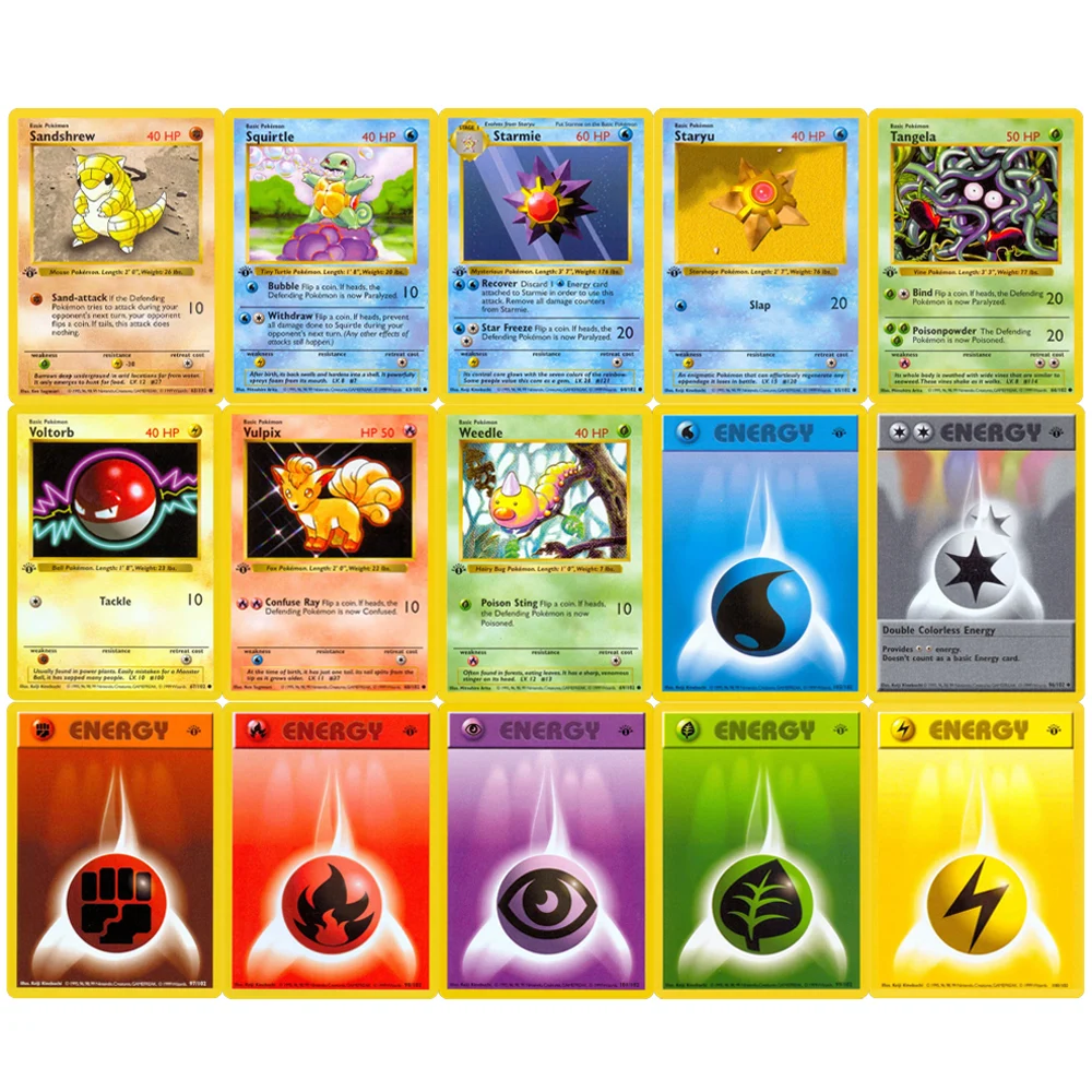 PTCG - conjunto base 1a edição, 102pcs Blastoise Squirtle Pikachu TCG Jogos de tabuleiro Cartão Proxy