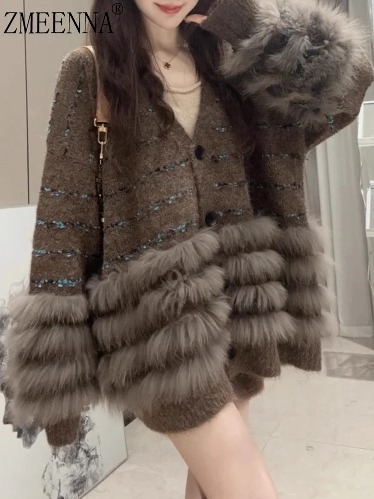 ZMEENNA Womens Elegant Faux Fur Trim Knit Cardigan Sweater With V Neck And Button Closure Casual Outerwear ZM3643