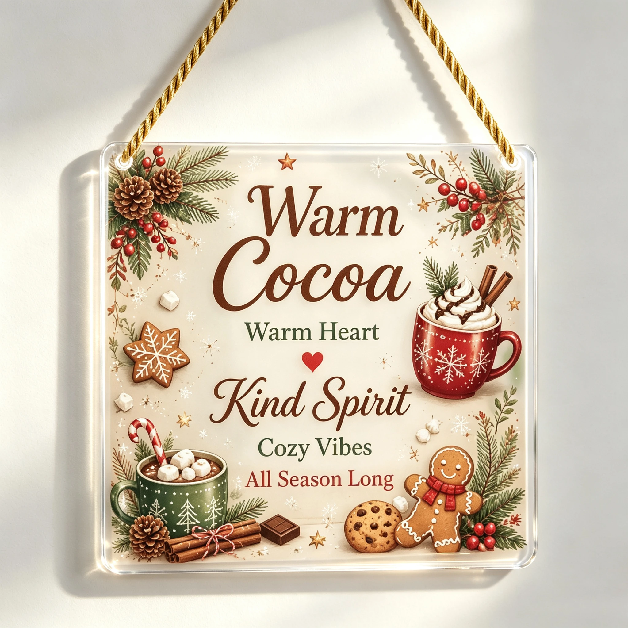 Gingerbread & Hot Chocolate Clear Acrylic Ornament, Cozy Christmas Door Hanging Decoration