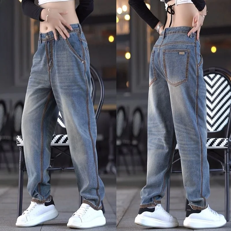 

Мужские джинсы в стиле ретро American High Street, осенне-зимние, новые, повседневные, свободные, прямого кроя, модные, с цветными вставками, широкие брюки