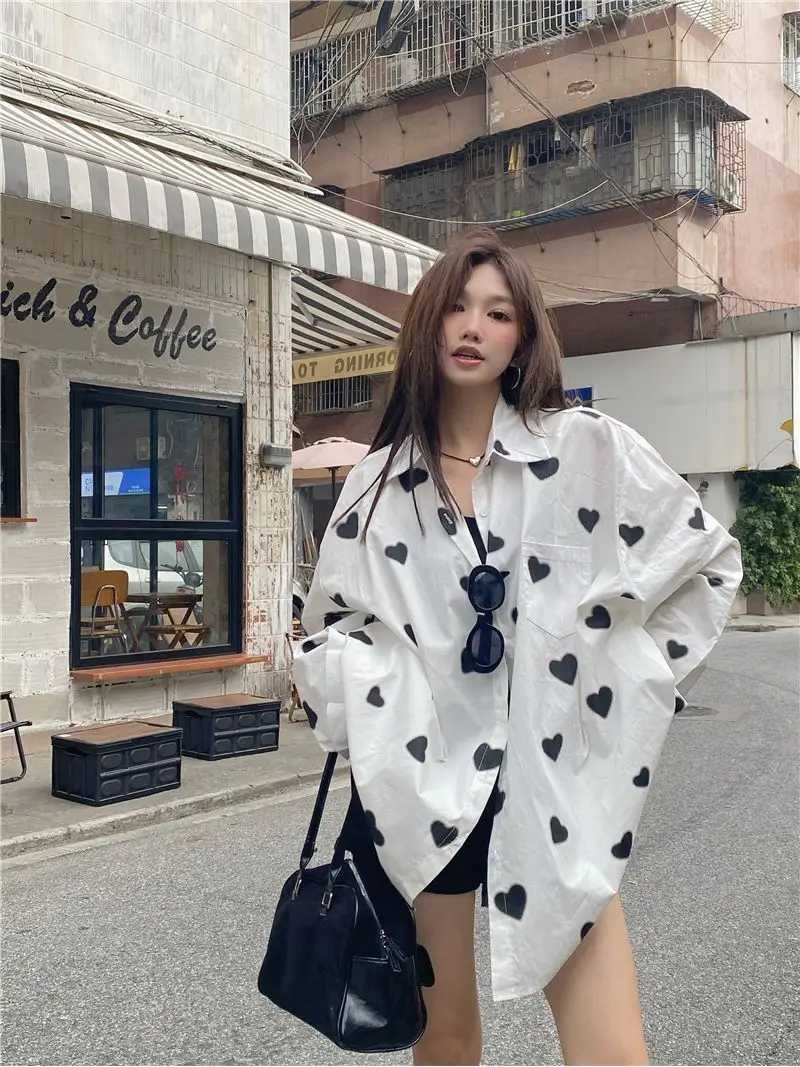 

Korea Version Love Printed White Shirt Women Spring Autumn New Loose Lazy Design Niche Versatile Top