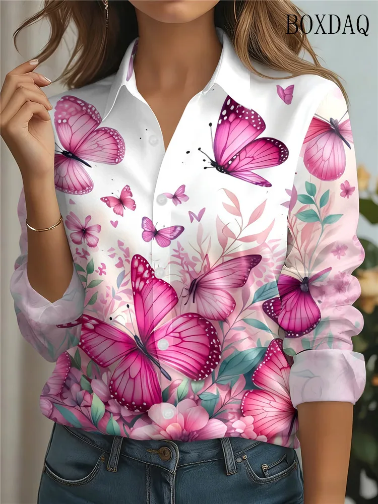 Butterfly Flowers 3D Printing Shirts Women Casual Long Sleeve Lapel Blouses Fashion Casual Button Top Female Street Clothing