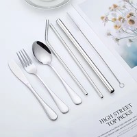 304 Stainless Steel Straw Knife Fork and Spoon Set Outdoor Portable Tableware Straw 7pcs Set Custom Logo