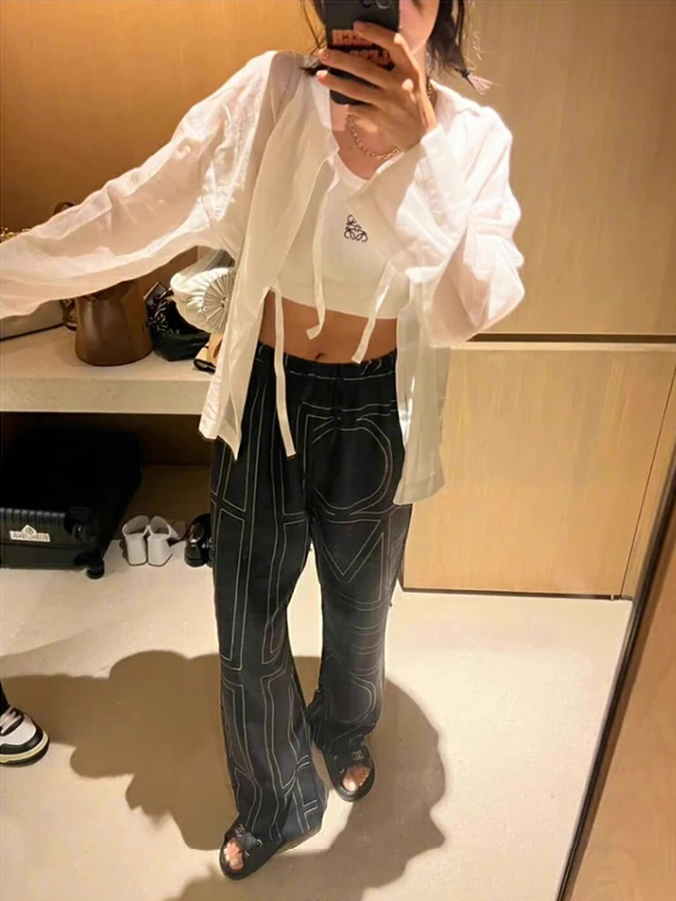 

Loose Long Sleeve round Neck White Shirt Women's Summer Cotton Blend Shirt with Tie Summer Air Conditioning Cover up Top