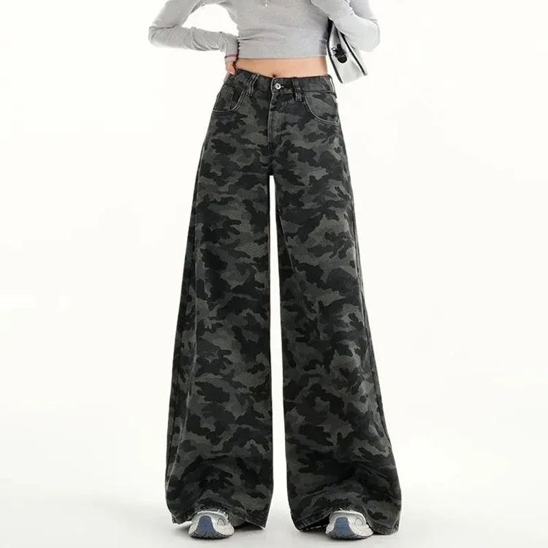 Damesmode camouflage jeans met rechte pijpen meisjes hoge taille baggy cargobroek dame streetwear comfortabele denimbroek
