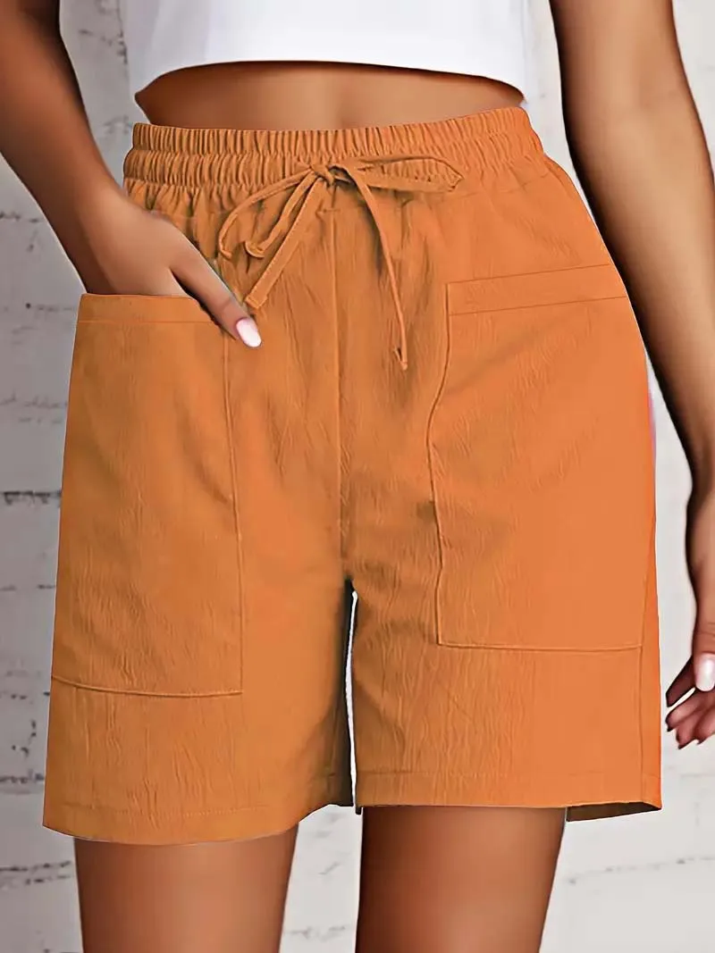Fotografia 7: Shorts femininos de cintura alta de 4 polegadas verão – shorts casuais soltos com bolsos, bermuda de cor sólida para roupas