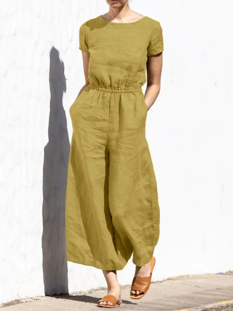 Fashion Buttoned Women Wide Leg Pant Jumpsuit Summer Solid Round Neck Short Sleeve Pocket Playsuit Ladies Loose One-Piece Pants