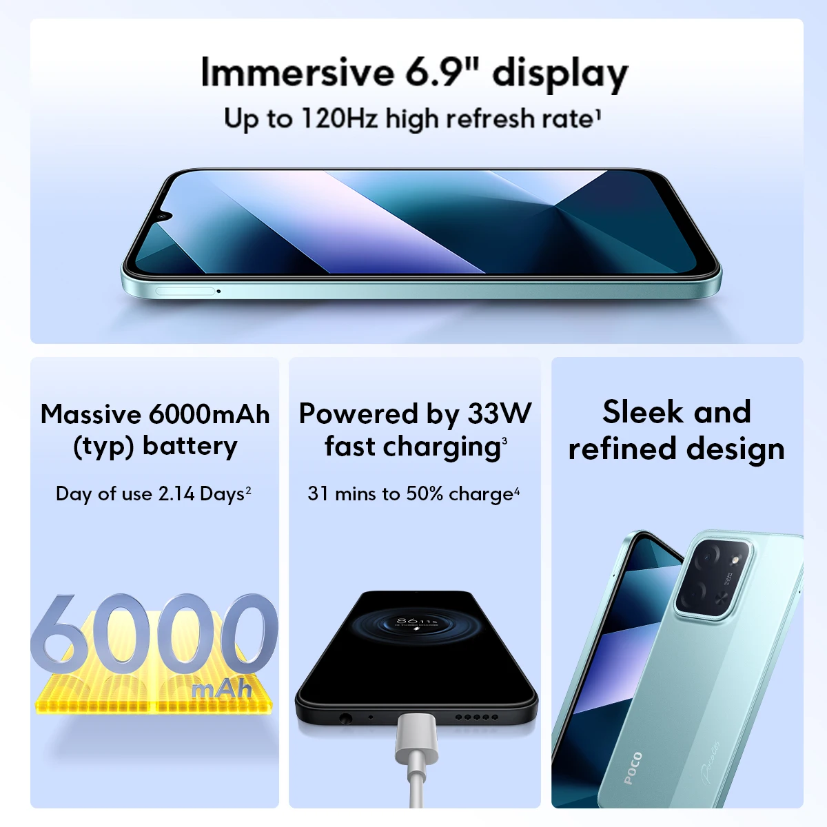 POCO C85(25078PC3EG) 256GB ROM AMOLED WQHD + 120 هرتز 6.9 هاتف ذكي معالج ثماني النواة قوي، بطارية 50 ميجابكسل 6000 مللي أمبير 33 وات