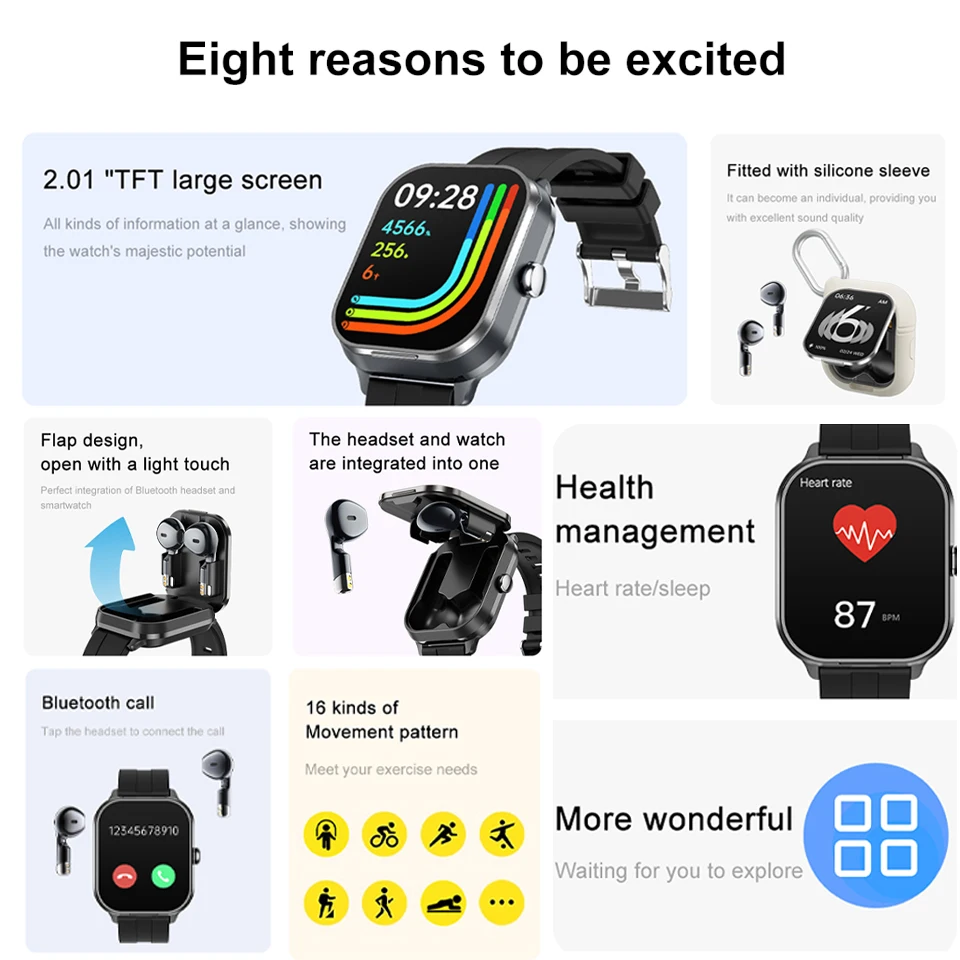 TWS 2-in-1 Headset smart Watch NFC Bluetooth Call Heart Rate Blood Pressure Health Monitoring Headphones Play Music smartwatches