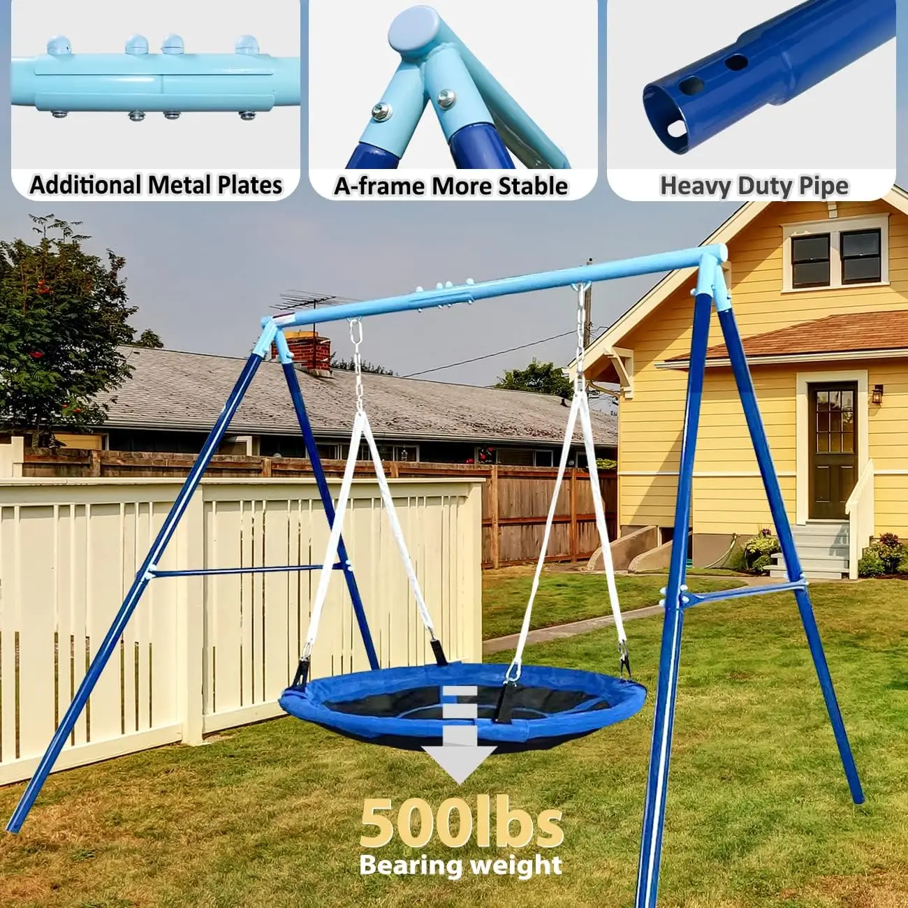 Saucer with Frame, Kids Set for Outdoor Backyard,1 45'' Saucer Tree Swing + 1 Heavy Duty Metal Swing Frame(Blue)