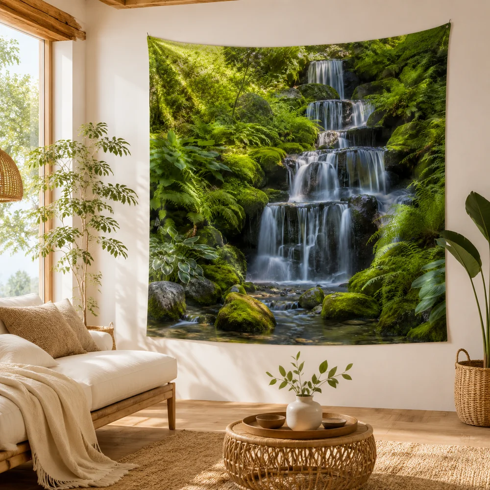Lush Green Forest Stream Tapestry, Nature River Wall Hanging for Calm Relaxing Home Vibe