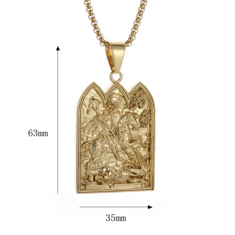 Hip Hop Bling Gold Color Stainless Steel Saint George Slaying Dragon Square Pendants Necklace for Men Rapper Jewelry