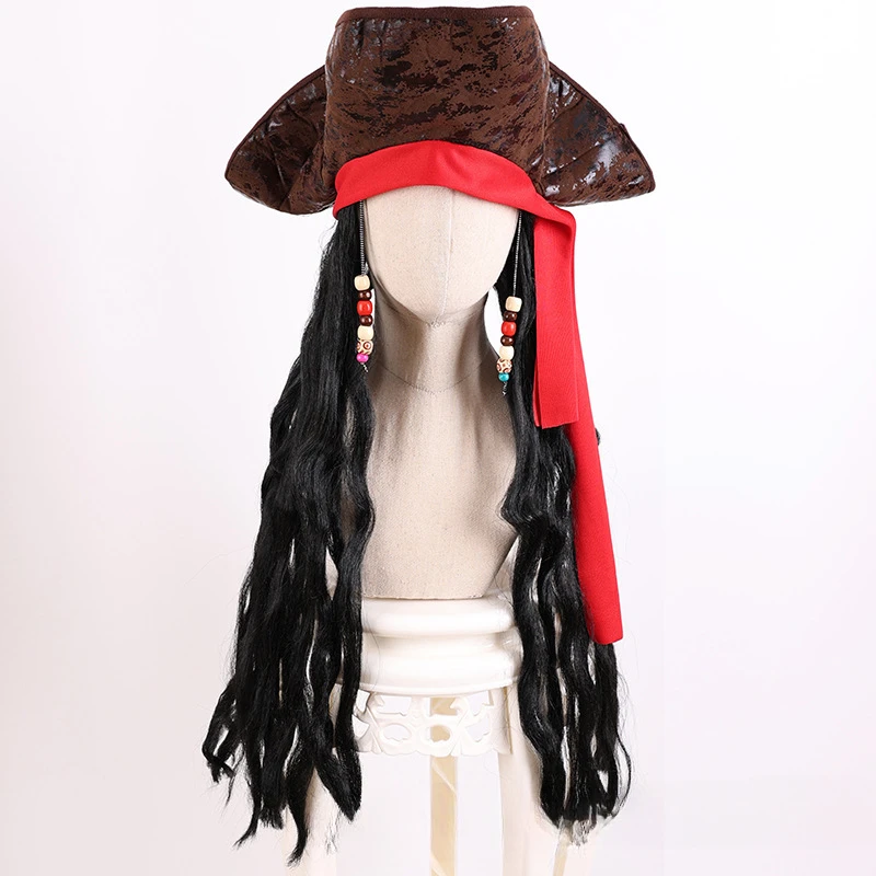 Men's Caribbean Pirate Hat Wig Costume Wig Party Accessories Jack Sparrow Carnival Clothes Set Supporting Telescope Fake Beard