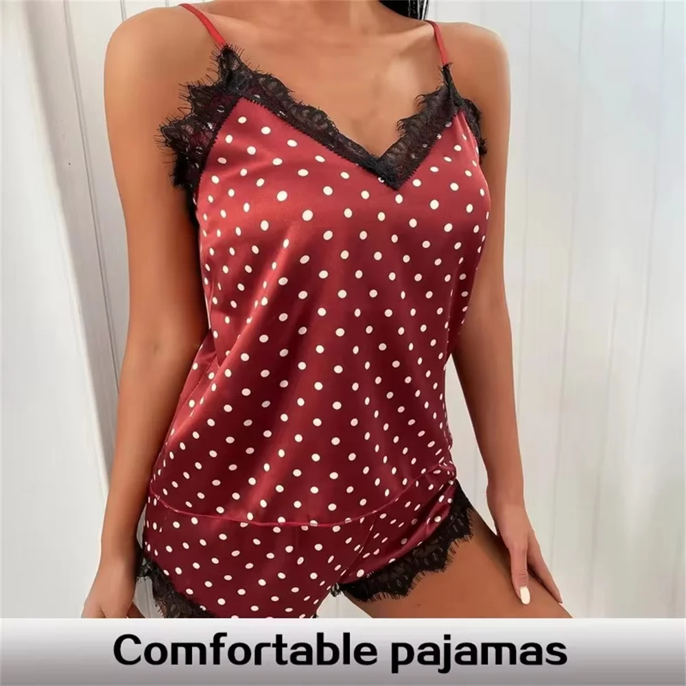 Two Piece Summer Women\'s Lace Suspender Set Women\'s V-Neck Printed Polka Dot Sexy Lace Top and Shorts Pajama Set