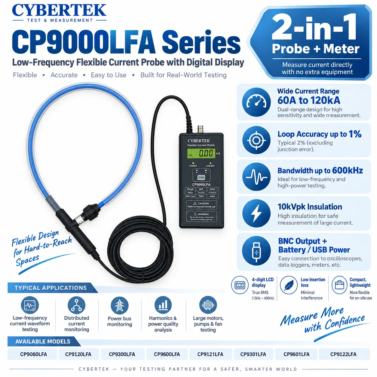 CYBERTEK CP9060LFA Digital Dual-Range Low-Frequency Flexible Rogowski Coil Current Probe, 120kA, 10kV Insulation, Oscilloscope